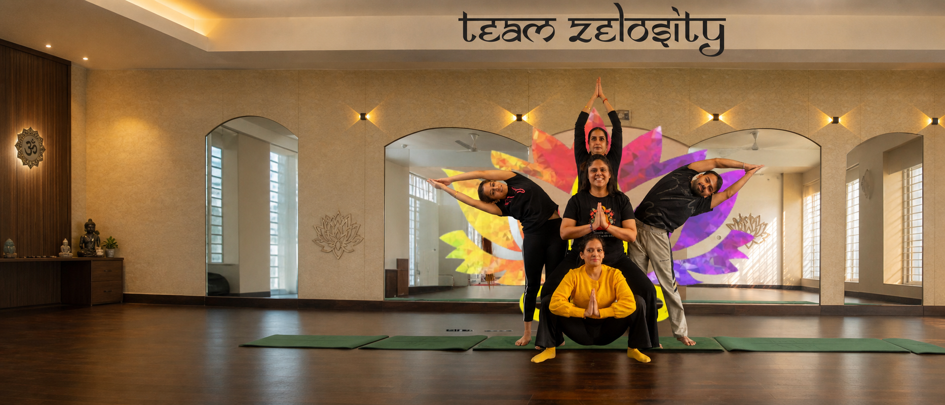 The Zelosity team practising yoga together at the Pitampura studio